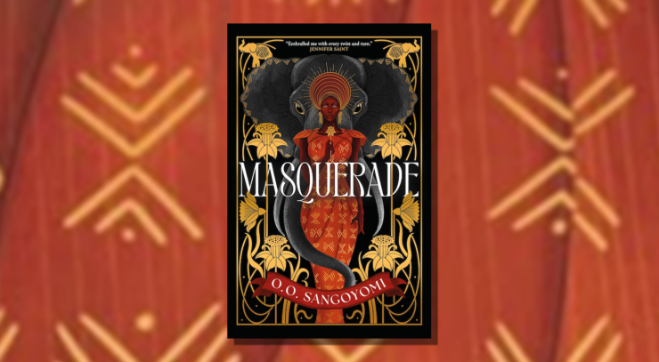 Cover of Masquerade, showing a person holding a flower and standing in front of an elephant, the trunk curled around the person's body.