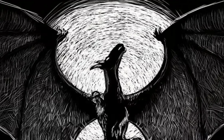 Black and while illustration of the Jersey Devil, a winged creature with the head of a horse, as depicted in the TV docu-series "Monster Chronicles"