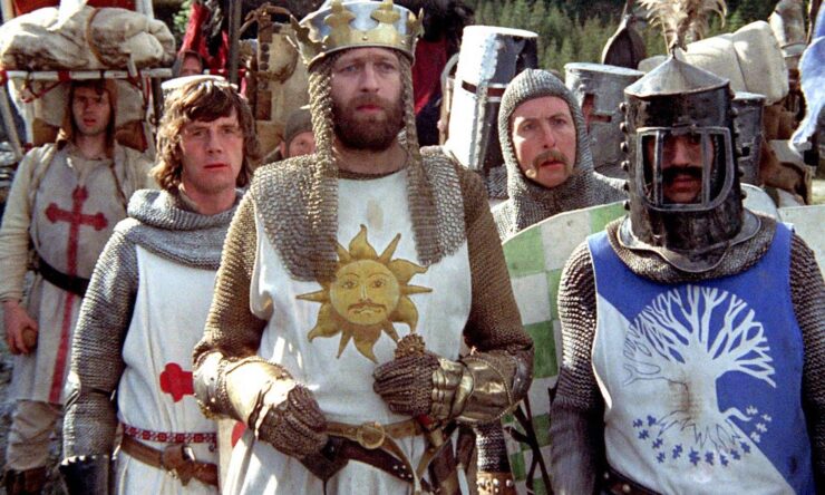 Image from Monty Python and the Holy Grail, featuring Michael Palin, Graham Chapman, Eric Idle, and Terry Jones