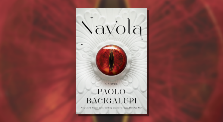 Cover of Navola by Paolo Bacigalupi, showing a dark red eye with a slitted pupil against a white ornamental relief background.