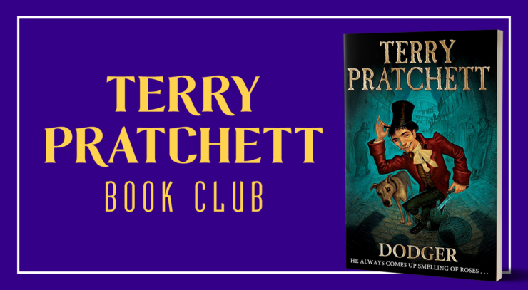 Cover of Terry Pratchett's Dodger, showing the title character entering or exiting a manhole in a dark street, tipping his high hat, and holding a blade, with a dog by his side.
