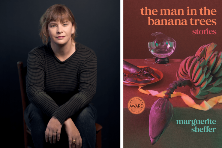 author Marguerite Sheffer and the cover of their upcoming collection, The Man in the Banana Trees