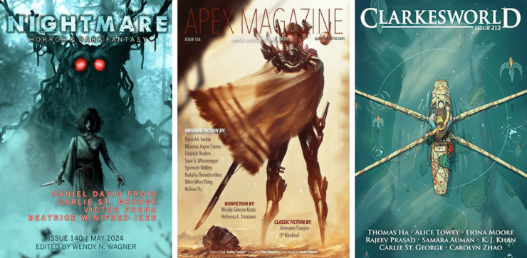 Cover of three SFF fiction magazines from May 2024: Nightmare, Apex, and Clarekesworld