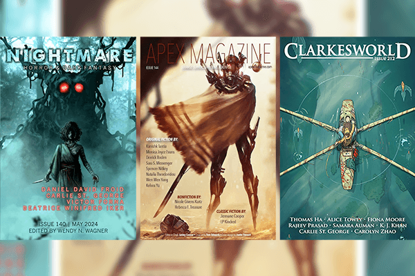 Cover of three SFF fiction magazines from May 2024: Nightmare, Apex, and Clarekesworld