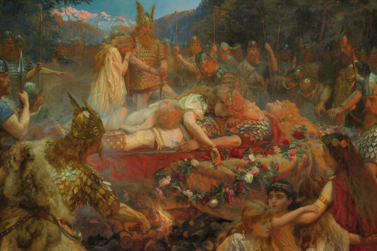 Illustration of a viking warrior funeral