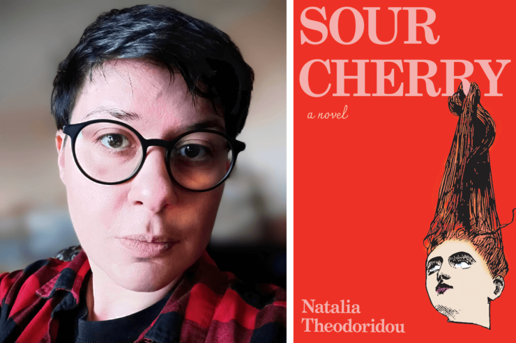 author Natalie Theodoridou and the cover of his upcoming novel Sour Cherry