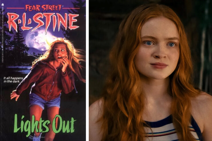Cover of R.L. Stine's Lights Out and an image of Sadie Sink as Ziggy in Fear Street Part Two: 1978