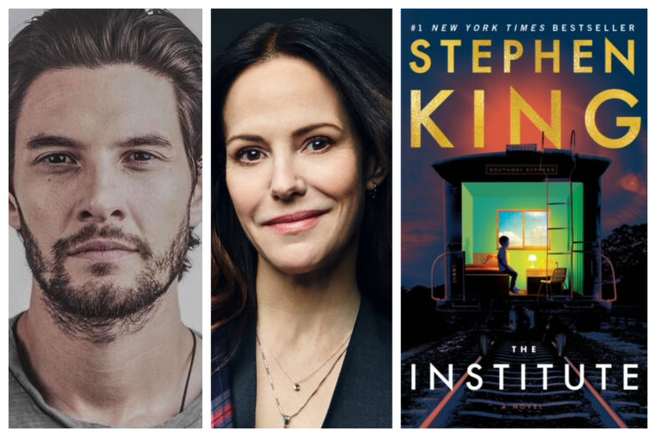Headshots of Ben Barnes and Mary-Louise Parker with book cover of The Institute