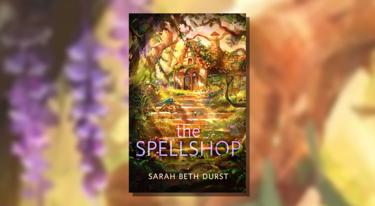 Cover of The Spellshop by Sarah Beth Durst, showing stone steps leading up to a sunlit cottage surrounded by trees and flowers. A winged cat lies on the steps.