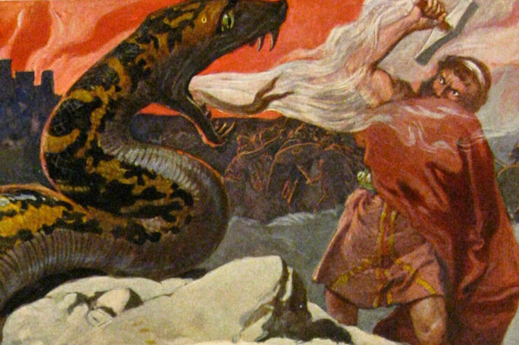 Illustration of Thor fighting the Midgard Serpent during Ragnarok