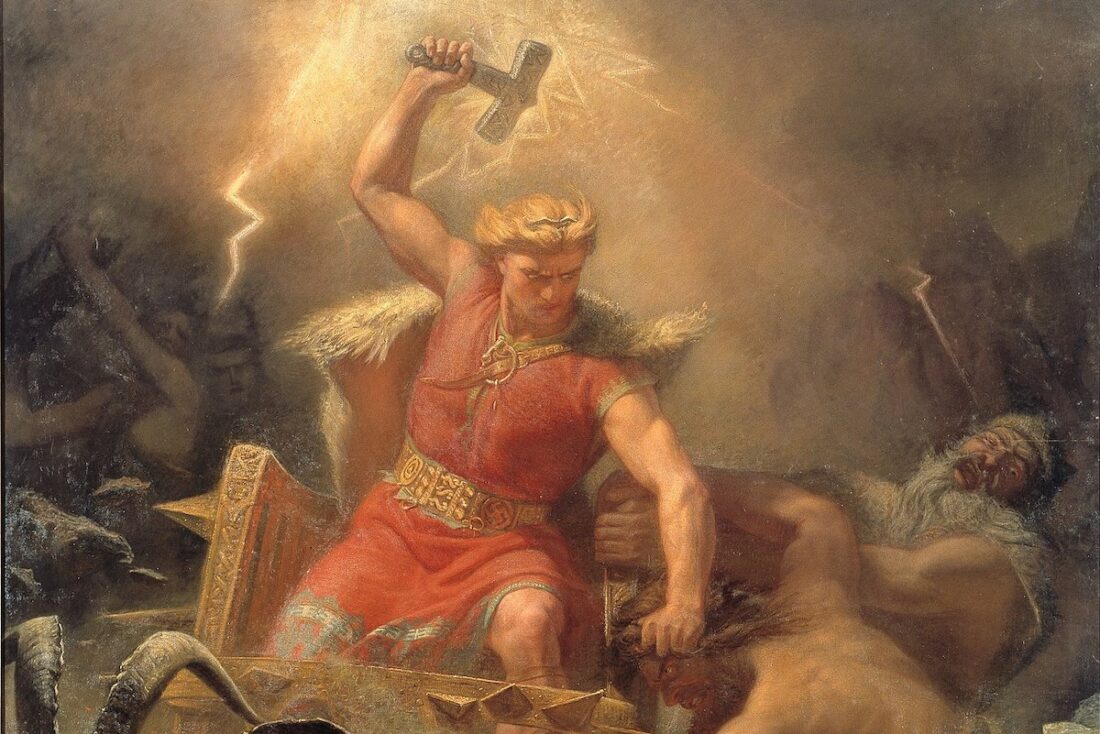Painting of the Norse god Thor. He grapples with a giant and holds a hammer above his head, surrounded by lightning