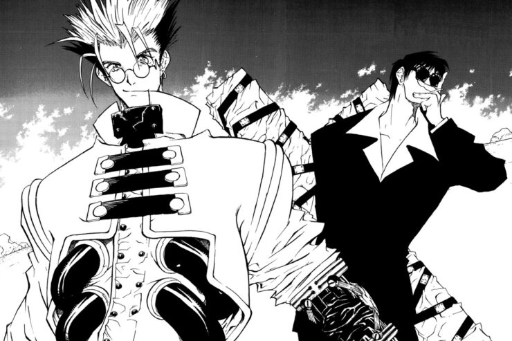 Illustration of Vash and Wolfwood in a panel from the Trigun Maximum manga