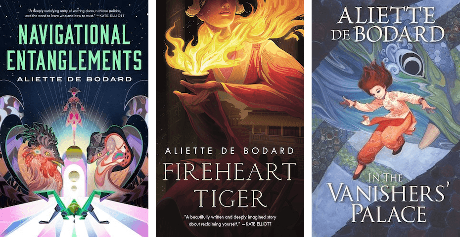 Book cover of three of Aliette de Bodard's standalone titles: Navigational Entanglements; Fireheart Tiger; and In the Vanisher's Palace