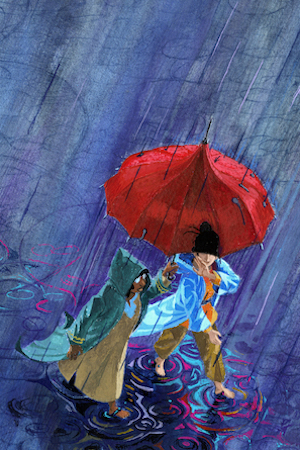 An illustration of two cloaked women walking in the rain.