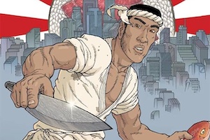 A close-up on the cover of Get Jiro, which shows a sushi chef with a large knife