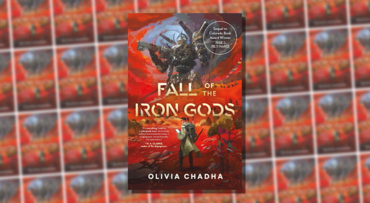 Cover of Fall of the Iron Gods by Olivia Chadha, showing a red landscape. A person wearing a machine-like backpack and holding a tablet is in the foreground. A large mecha towers over the scene.