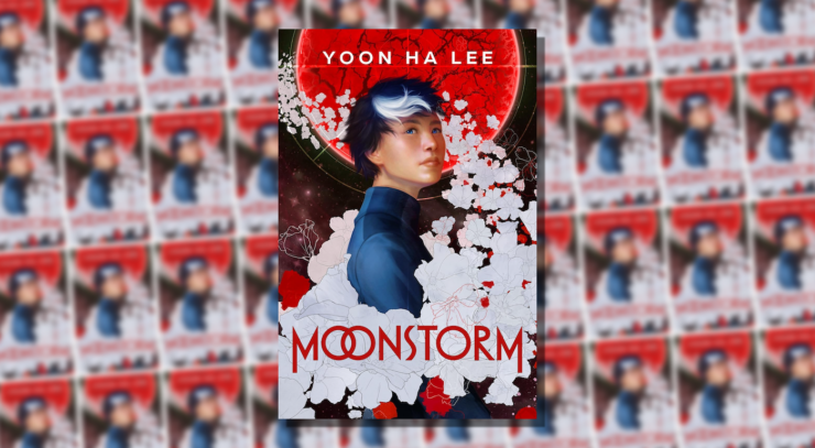 Cover of Moonstorm by Yoon Ha Lee, showing a person surrounded by white hand-drawn flowers, with a red orb in the background.