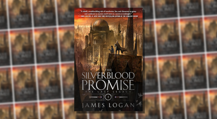 Cover of The Silverblood Promise, showing a cityscape with a crowd gathered in front of a large building, with two figures observing from a roof, one of them holding a crossbow