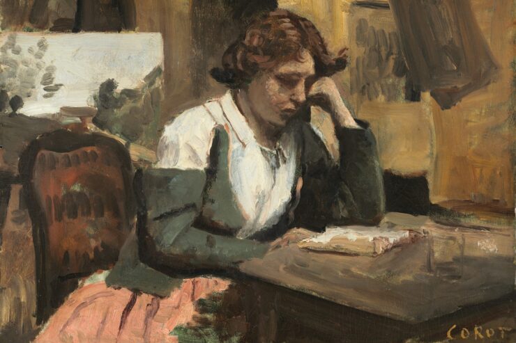 Oil painting of a woman seated at a table, reading a book. The woman rests her elbow on the table with her head resting on her fist.
