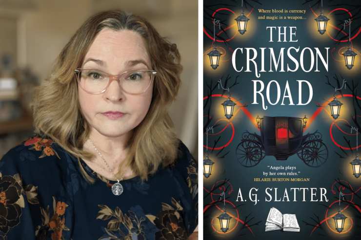 Photo of author A.G. Slatter and the cover of her forthcoming book, The Crimson Road