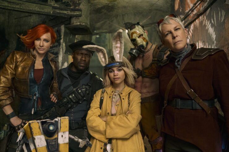 Cate Blanchett as Lilith, Kevin Hart as Roland, Ariana Greenblatt as Tiny Tina, Florian Munteanu as Krieg and Jamie Lee Curtis as Tannis in Borderlands