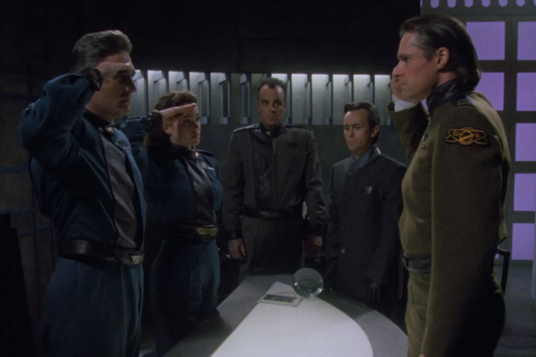 A scene from Babylon 5, "Eyes": Sinclair, Ivanova, and Garibaldi meet with Ben Zayn and Grey.