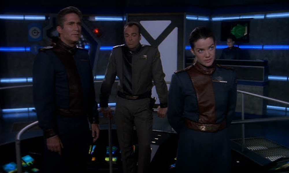 Sinclair, Garibaldi, and Ivanova on the bridge in a scene from Babylon 5: "Grail"