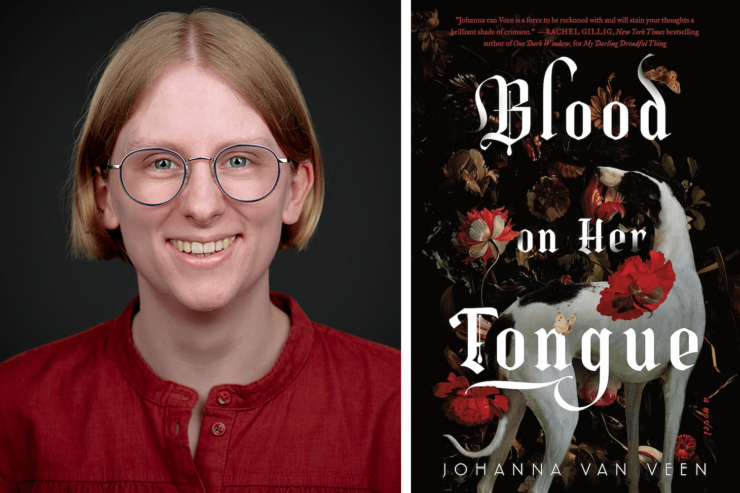 Photo of author Johanna van Veen and the cover of her upcoming book, Blood on Her Tongue
