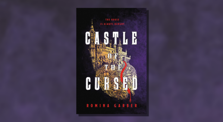 Cover of Castle of the Cursed by Romina Garber, showing a castle against a dark background, with a trail of blood leaking from its gate.