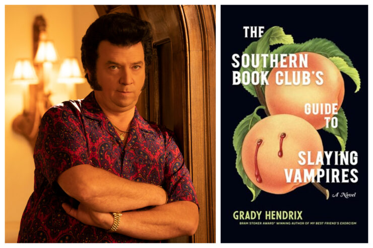 Split image of Danny McBride in The Righteous Gemstones and book cover of Southern Book Club's Guide to Slaying Vampires