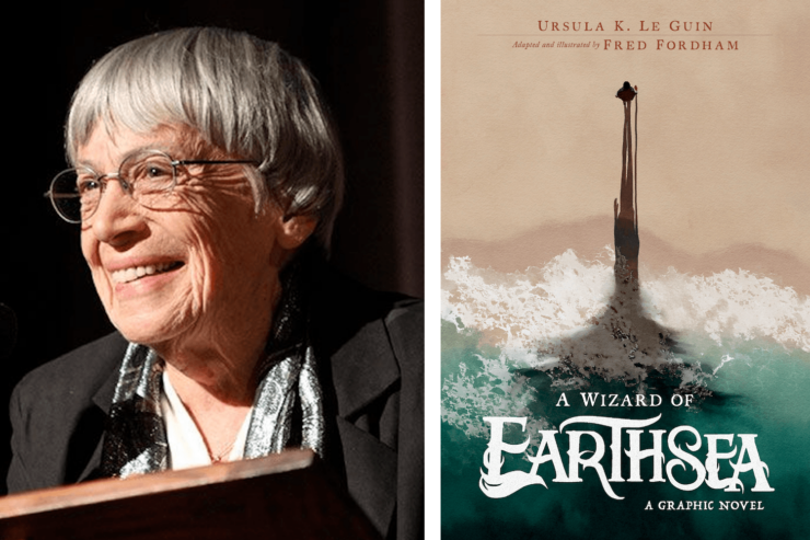 Photo of the late author Ursula K. Le Guin and the cover of an upcoming graphic novel adaptation of her novel A Wizard of Earthsea