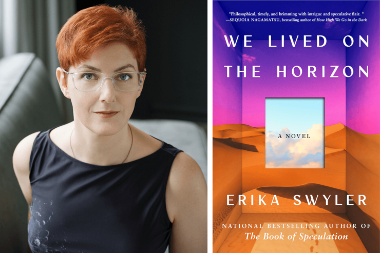 Photo of author Erika Swyler and the cover of her upcoming novel We Lived o the Horizon