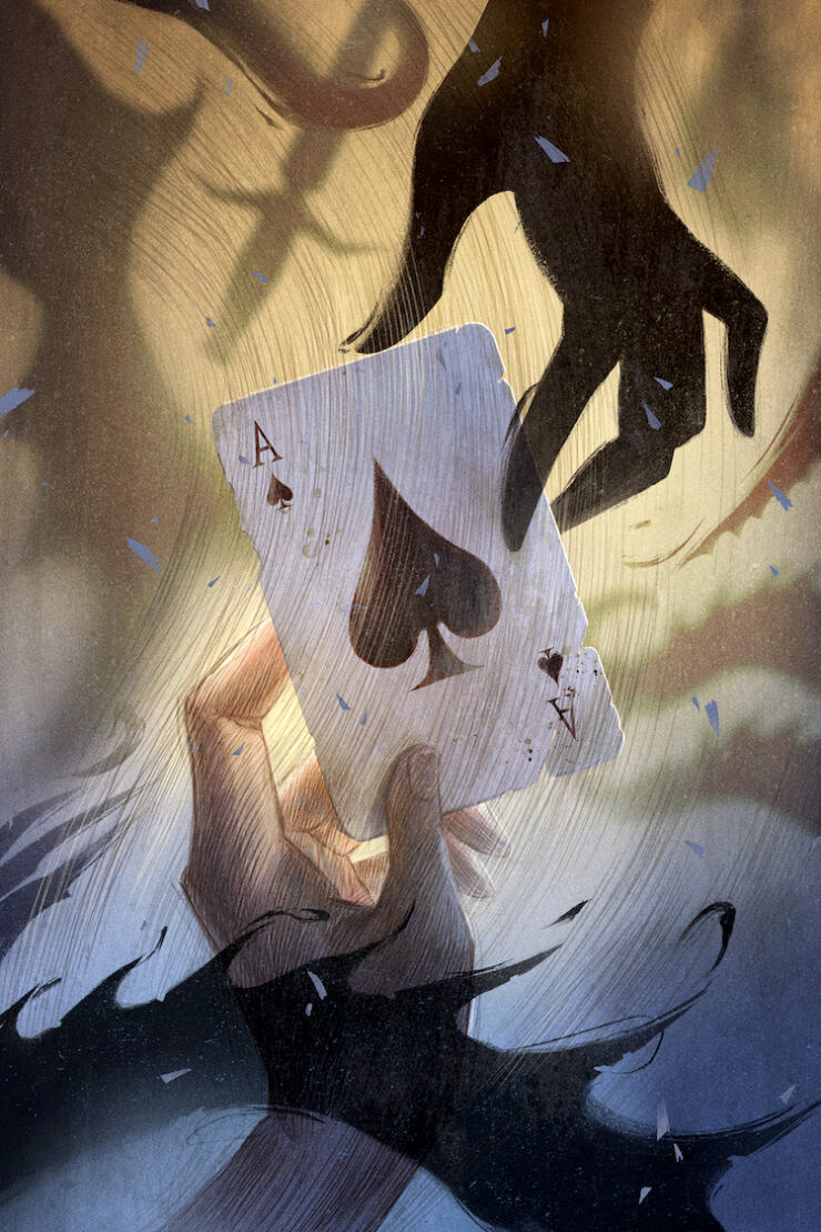 An illustration of two hands grasping for the same ace of spades card.