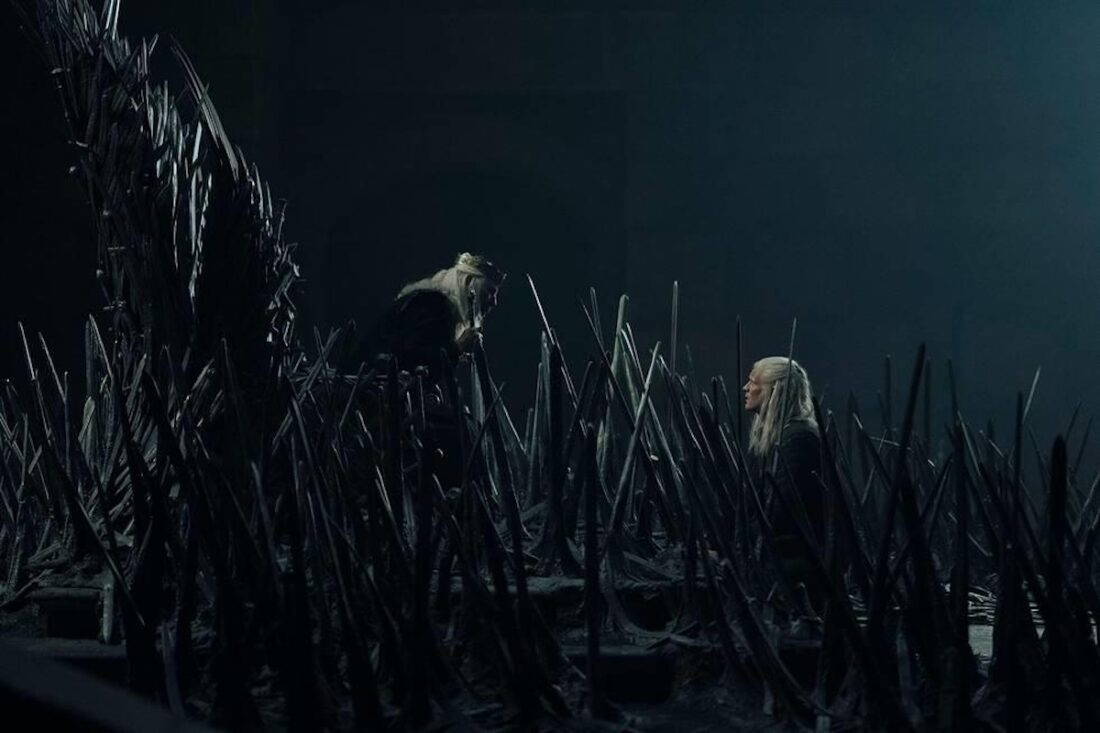 A scene from House of the Dragon season 2 episode 6: Aegon (Matt Smith) and Viserys (Paddy Considine) on the Iron Throne.