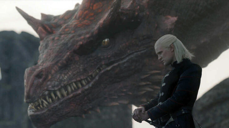 Daemon Targaryen (Matt Smith) and the dragon Caraxes in a scene from House of the Dragon