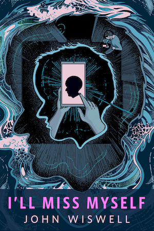 An abstract illustration of recursive silhouettes of a human head, at the center, a hand tapping a tablet with a similar silhouetted head.