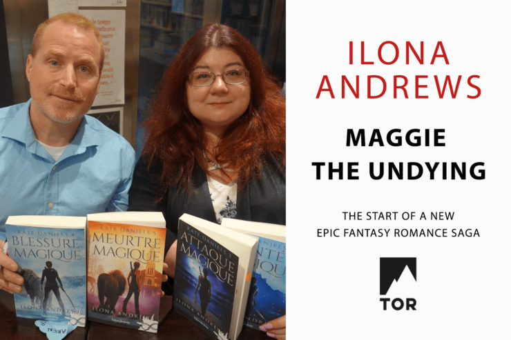 Photo of Ilona and Andrew Gordon, the writing team know as Ilona Andrews. Text: Ilona Andrews, Maggie the Undying: The Start of a New epic Fantasy Romance Saga with Tor Books