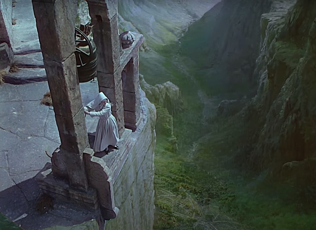 A vertiginous scene is created with matte paintings in Powell-Pressburger's Black Narcisssus.