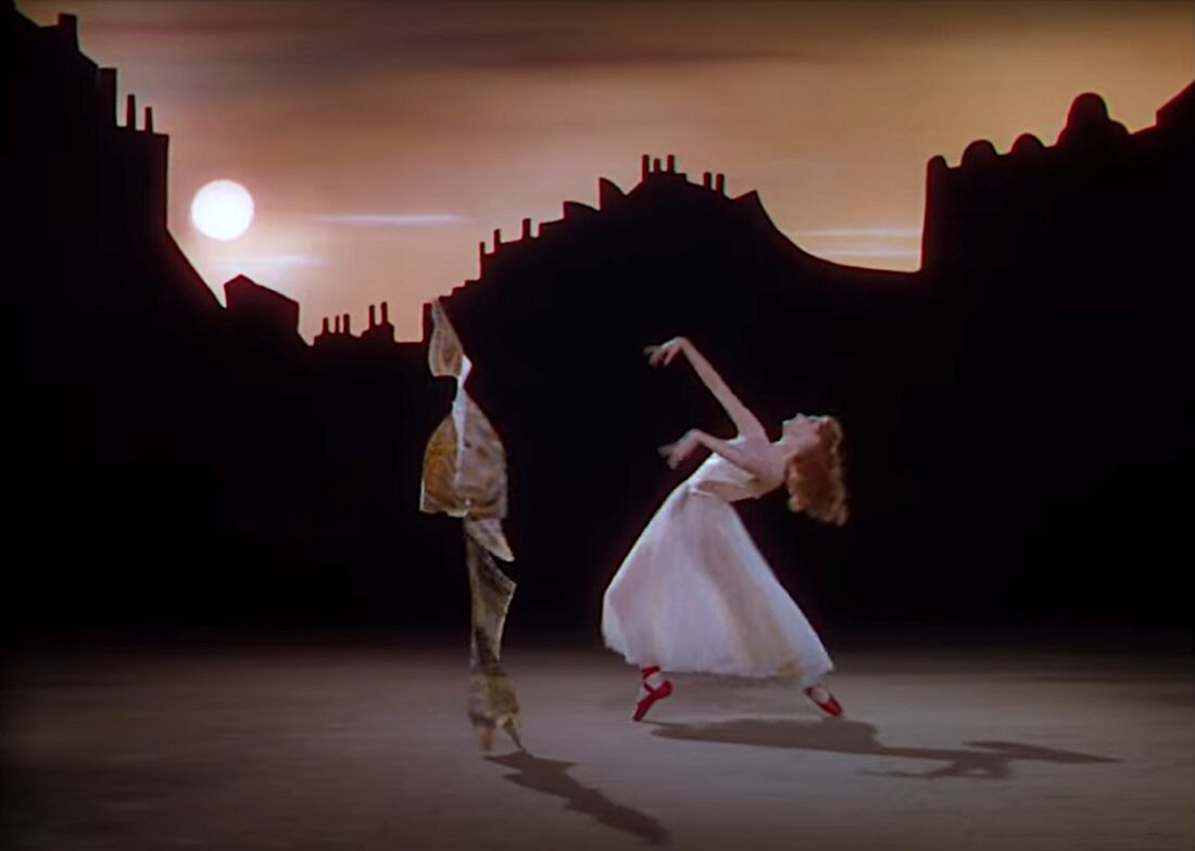 Moira Shearer dances with an animated newspaper in a scene from Powell-Pressburger's The Red Shoes.