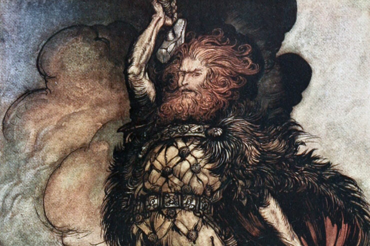 Illustration of a man with wild red hair and a beard holding a hammer above his head in mid-strike. The man wears a tunic, fur cape, and decorated belt.