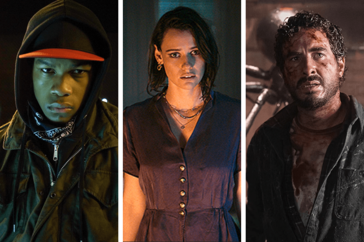 Images of three actors in SFF-Horror films that take place in apartments: John Boyega in Attack the Block; Lily Sullivan in Evil Dead Rise; and Ryan Corr in Sting