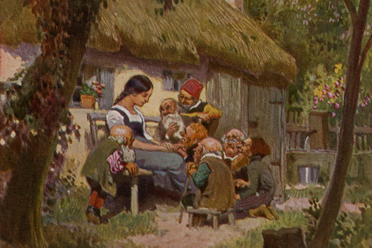 Illustration of Snow White sitting outside a cabin with the seven drawfs