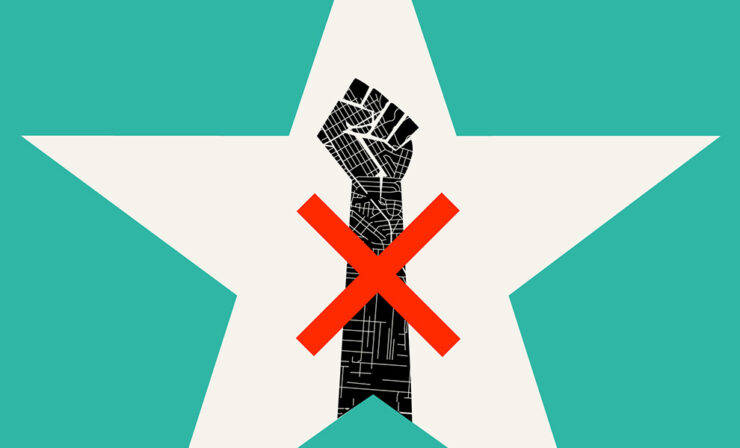 At the center of a white star on an aqua blue field, an illustration of a black arm, fist raised to the sky, but crossed out with a red X.