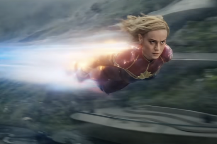 Screenshot from The Marvels, showing Carol Danvers flying.