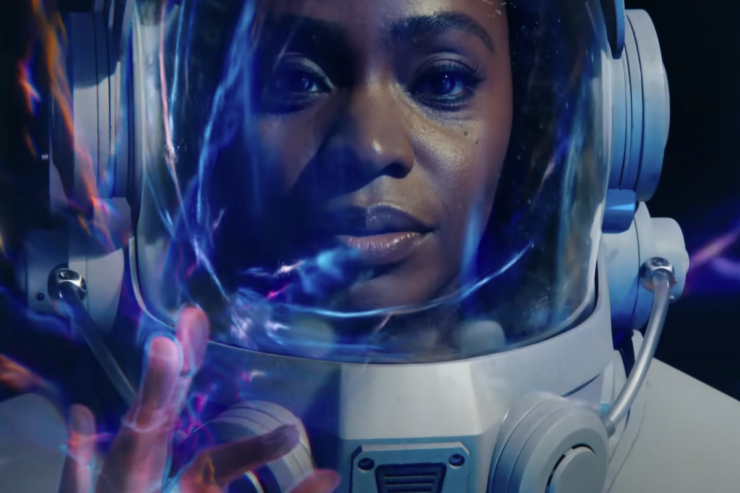 Screenshot from The Marvels, showing Monica Rambeau wearing a helmet