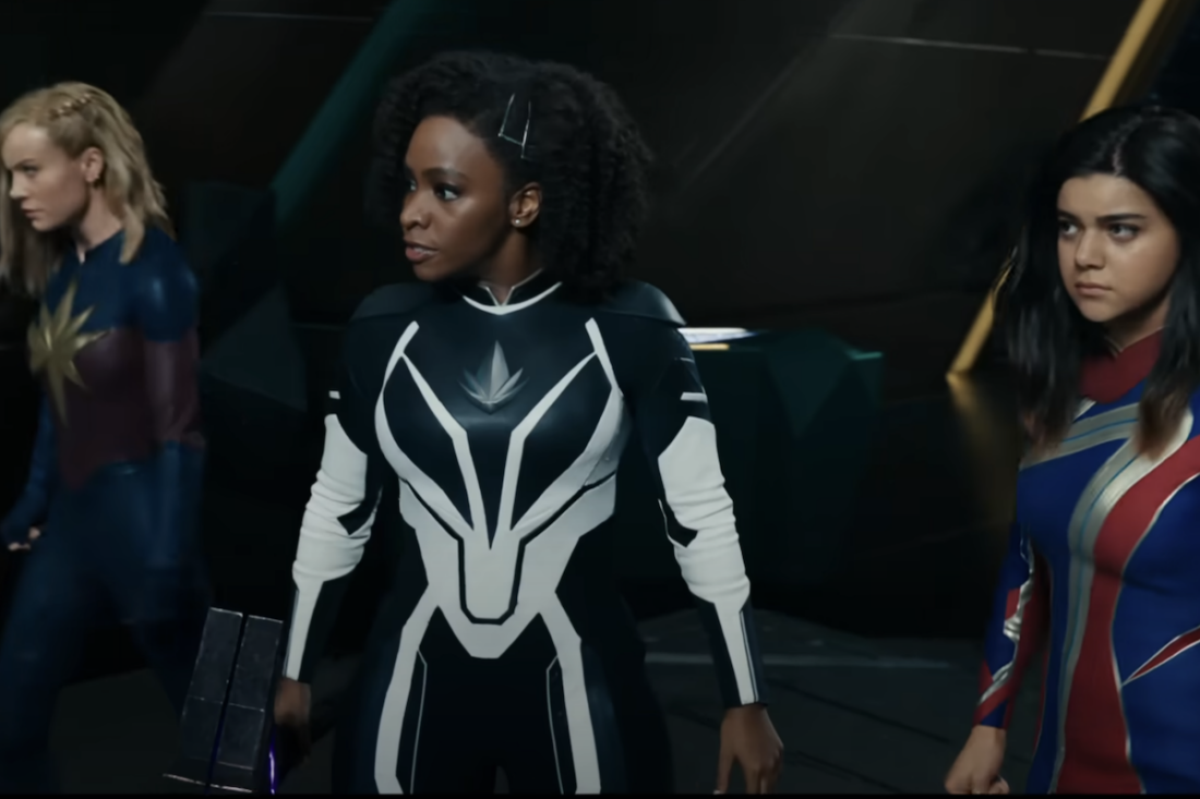 Screenshot from The Marvels, showing Carol Danvers, Monica Rambeau and Kamala Khan