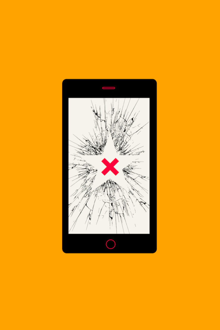 An illustration of a mobile phone on an orange background; the screen of the phone is cracked forming the shape of a star, with a red X at the center.