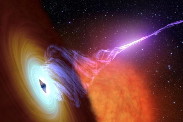 This artist's concept shows a black hole with an accretion disk -- a flat structure of material orbiting the black hole -- and a jet of hot gas, called plasma.
