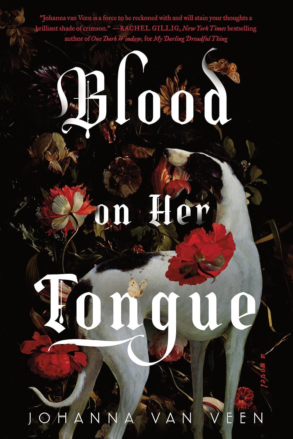 Book cover of Blood on Her Tongue by Johanna van Veen