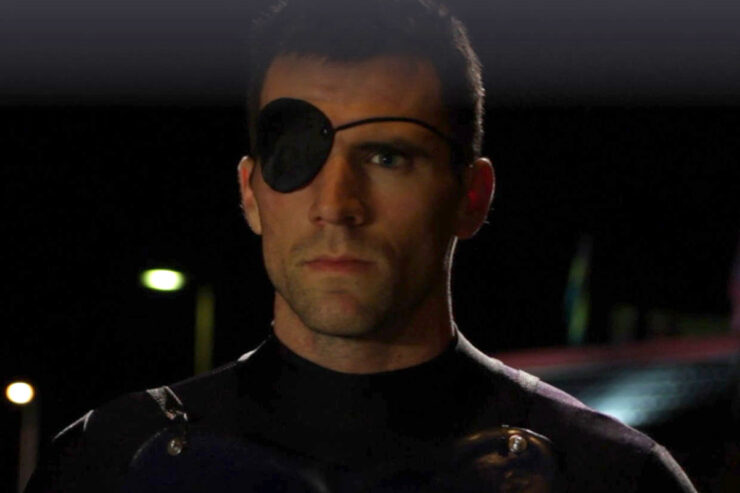 A Scene from Captain Battle: Legacy War -- Close-up of Sam Battle (Cuyle Carvin) wearing an eyepatch